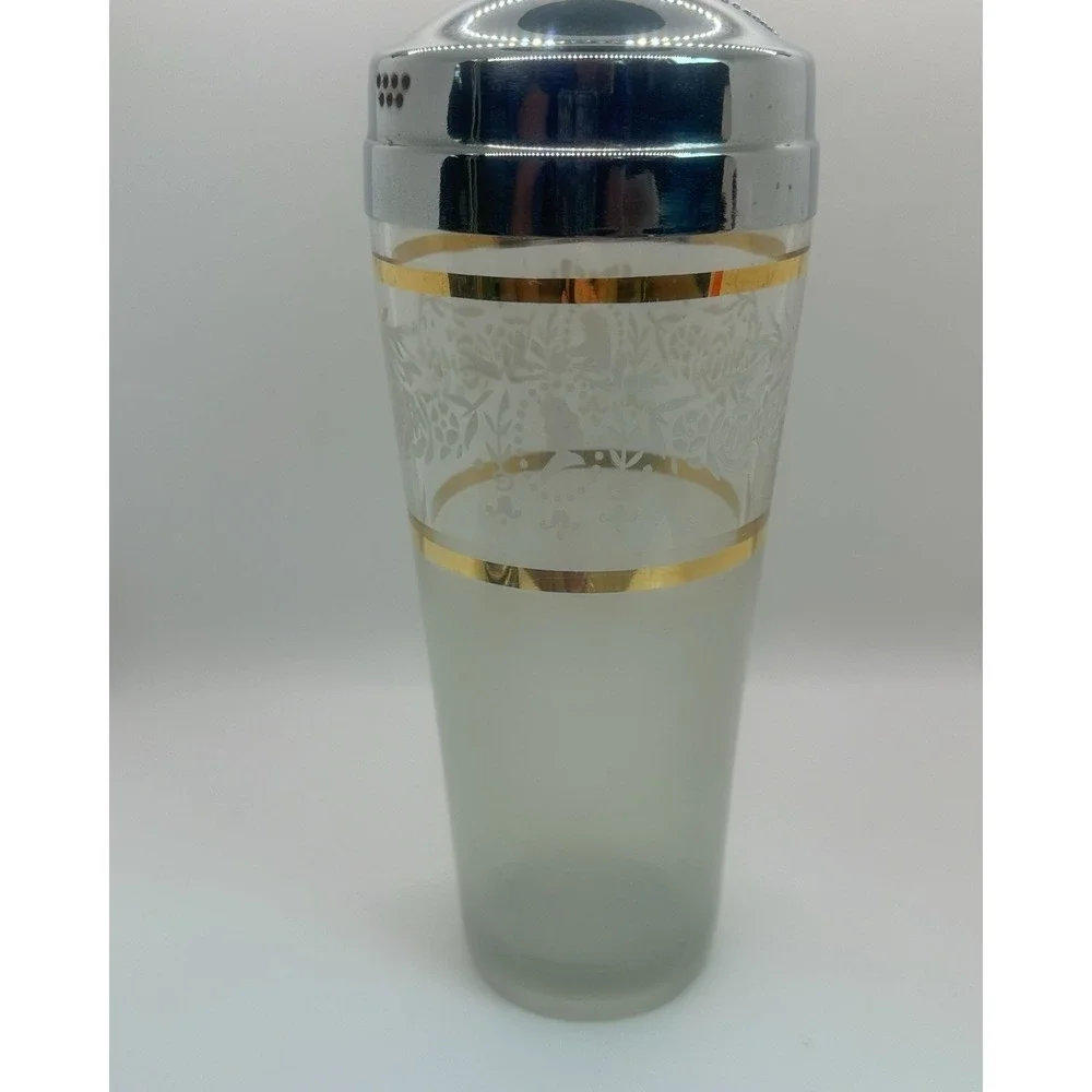 Vintage Frosted Glass Bar Straw Holder Gold‎ Band Chrome Top Mid Century